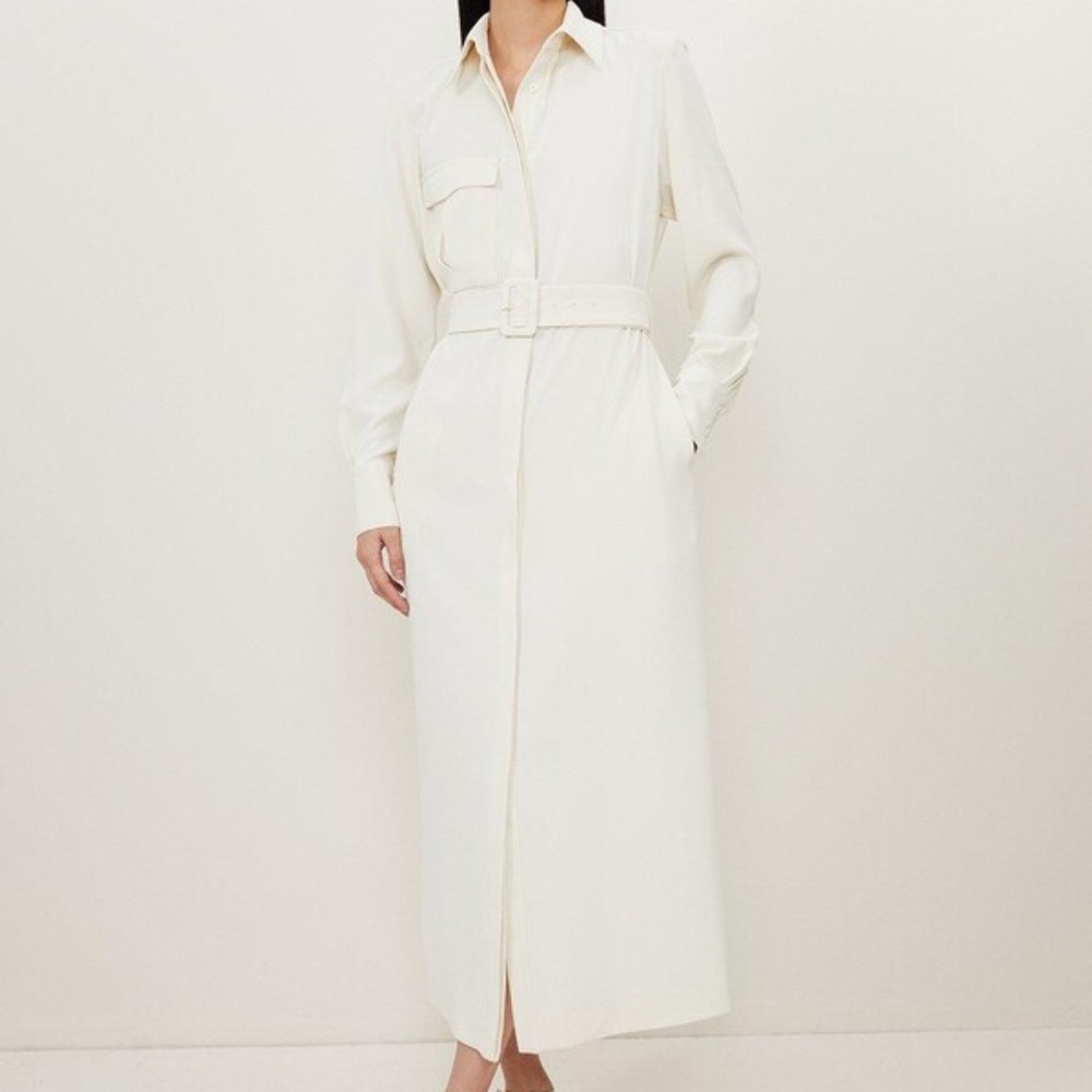 Karen Millen Tailored Crepe Pocket Detail Belted Midi Shirt Dress